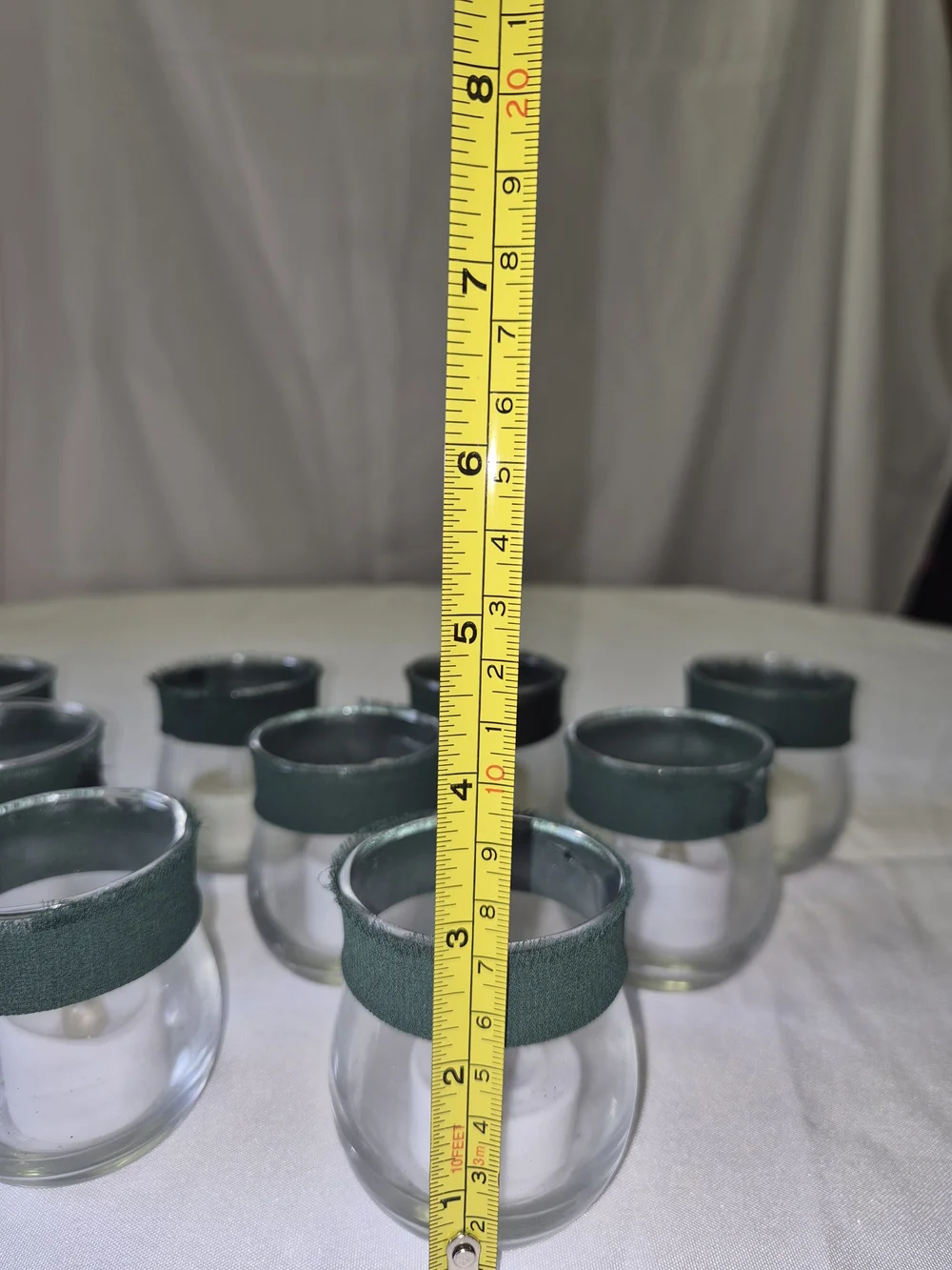 Set of Clear Glass 9 Votive Candle Holders LED green Trim